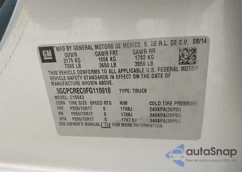 2015 Chevrolet Silverado 1500 1Lt z USA, uszkodzony, nr VIN 3GCPCREC9FG110918